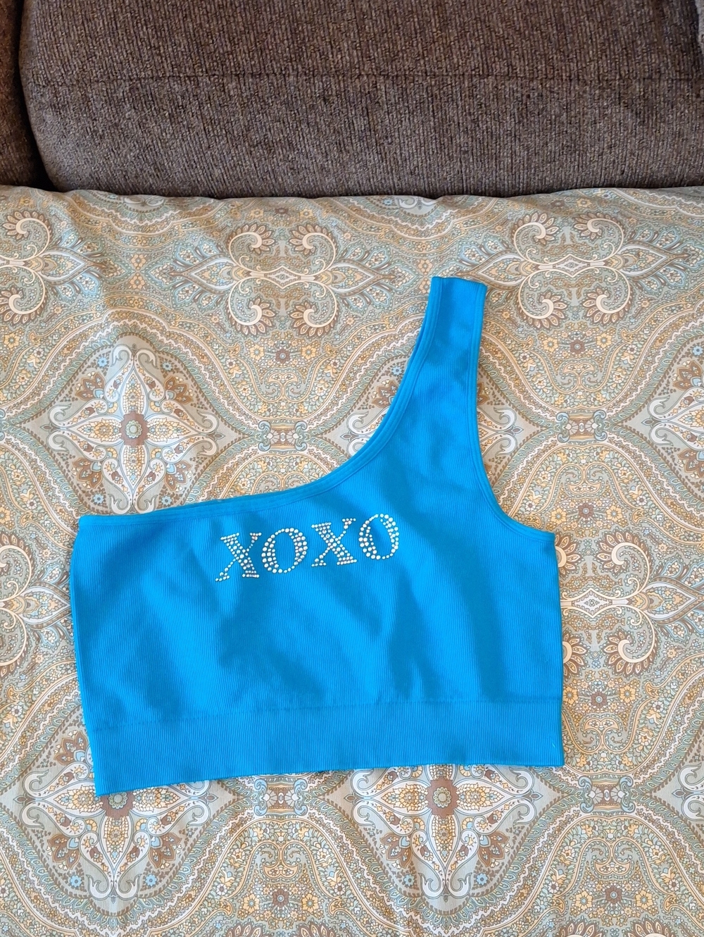 🔥🔥CLEARANCE ITEM🔥XOXO Blue One-Shoulder Crop Top with Rhinestone Logo. Size S
